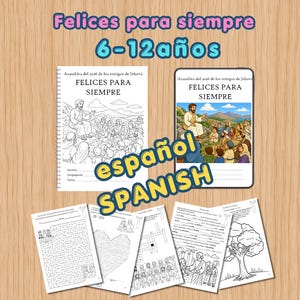 Puede incluir: Un conjunto de hojas de actividades titulado Felices para siempre 6-12 años, que incluye una página para colorear con una escena religiosa, un laberinto, una sopa de letras en forma de corazón, un crucigrama y un dibujo de un árbol.