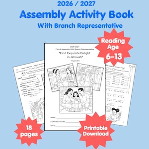 May include: A 2026/2027 Assembly Activity Book with Branch Representative, featuring 18 pages and a reading age of 6-13. The printable download includes black and white activity sheets with illustrations of people, text, and math exercises.