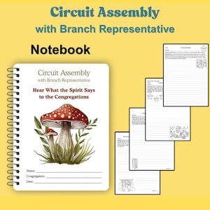 May include: A spiral-bound notebook with the text "Circuit Assembly with Branch Representative" and "Hear What the Spirit Says to the Congregations." The cover features a mushroom illustration. Lined pages are visible.