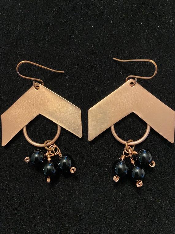 Copper earrings with black stone beads