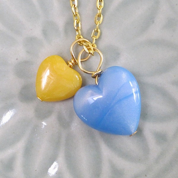 Ukraine colors, Profits go to UNICEF, Blue and Yellow Vintage Lucite Heart Pendant, Unique gift, Optional Chain, Matching Earrings available