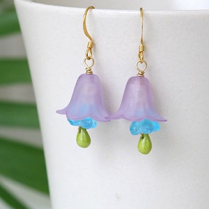 Purple Flower Earrings, Blue Glass Chartreuse Teardrop, Hypoallergenic Option, Vintage Lucite beads, Unique Easter gift
