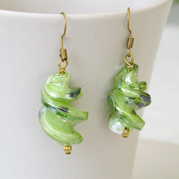 Handmade Chartreuse Green Earrings, Twisted Venetian Murano style glass beads, One of a kind Unique Gift, Hypoallergenic Ear Wires Option