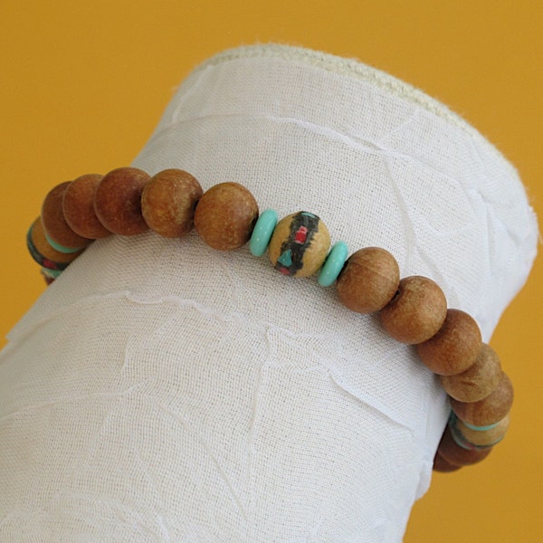 Yoga Bracelet Optional Ohm Charm, Gender Neutral Gift, Many Sizes Available, Tibetan Prayer Beads Fragrant Sandalwood, Turquoise Glass beads