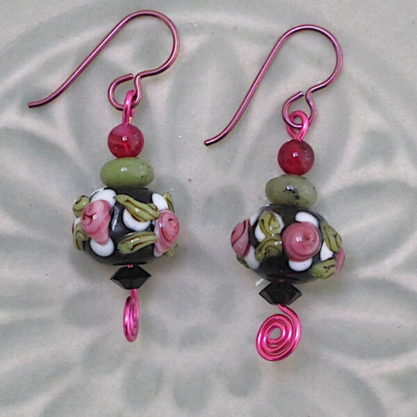 Fuchsia Hypoallergenic Ear Wires, Handmade Lampwork Beads in Pink, Green, White and Black, Jade Beads, Unique Gift, Magenta coiled design