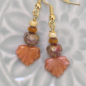 Orange Leaf Earrings, Hypoallergenic Option, Czech Glass Beads Gold Picasso Autumn Fall Warm Colors, Unique Gift, Birthday Graduation Nature