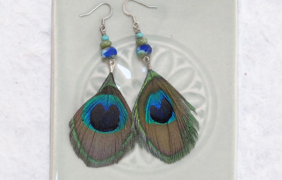 Genuine Peacock Feather Earrings, Blue Czech Glass Beads  display picture 2