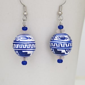 Hand Painted Peruvian Beads, Earrings Hypoallergenic Niobium Option, Geometric Bird Pattern Large Round beads, Indigo Blue, Unique gift