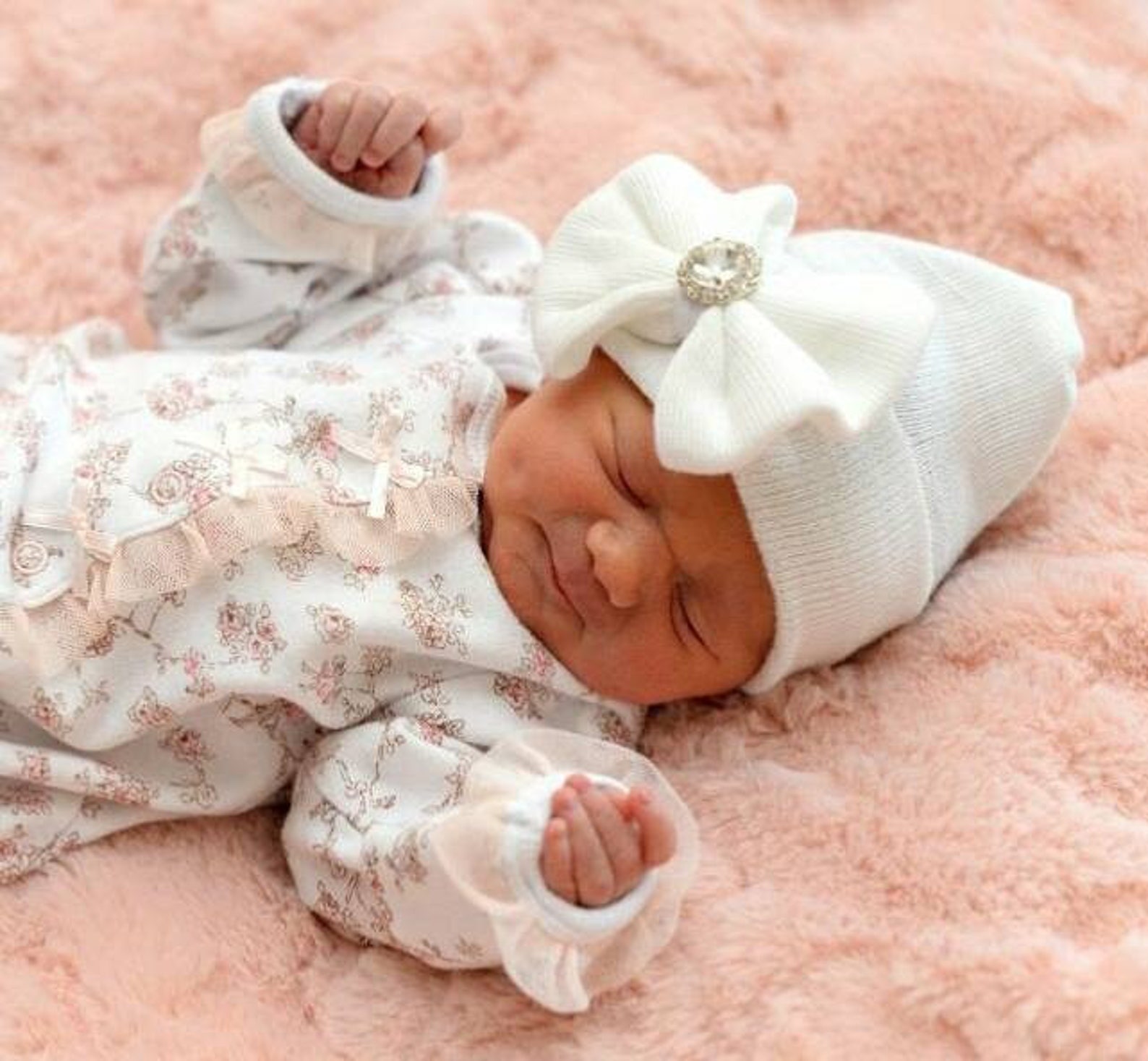 Baby Girl Newborn Hat With Bow and Rhinestone Baby Girl Hat Etsy