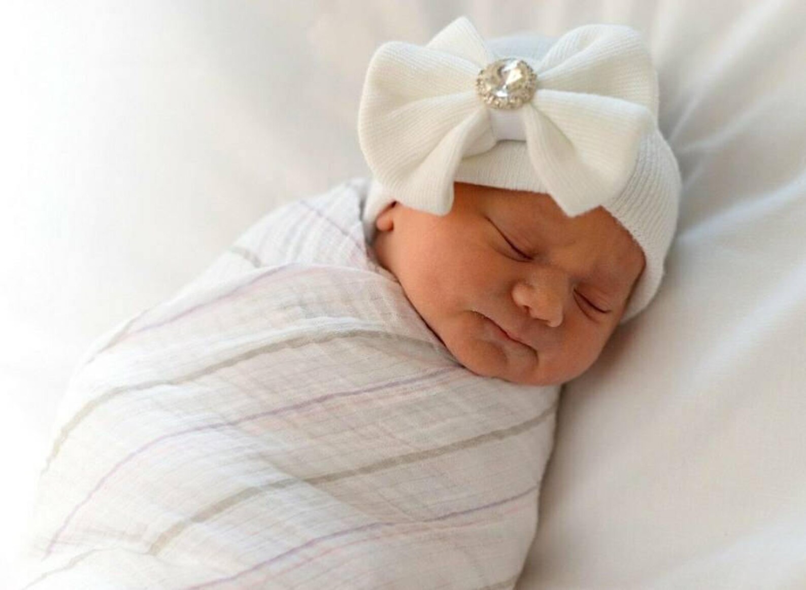 Baby girl newborn hat with bow and rhinestone baby girl hat Etsy