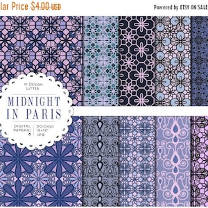 Op de afbeelding: Set van acht digitale papieren met ingewikkelde geometrische patronen in tinten blauw, paars en roze. De papieren zijn 12x12 inch en 300 dpi. De titel "Midnight in Paris" wordt op de afbeelding weergegeven.