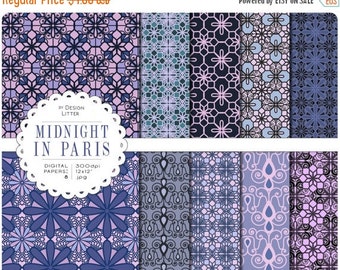 80% Until New Year - Midnight in Paris digital paper by city: blue violet and lilac tiles and digital flowers, lace effect for scrapbooking