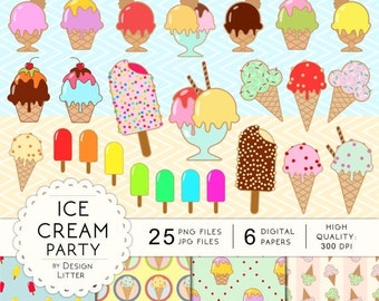 80% Until New Year - Ice Cream clipart kawaii & digital paper: ice cream cones and ice lolly, summer party, chocolate strawberry and mint ·