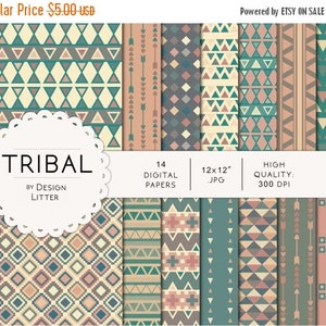 May include: Set of 14 digital papers with tribal patterns in shades of teal, brown, pink, and cream. The papers are 12x12 inches and 300 DPI.