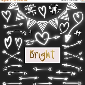 May include: A set of white neon-style graphic elements on a black background. The elements include hearts, arrows, and a banner with triangles. The word "Bright" is written in gold lettering on a pink background.