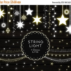 May include: A digital illustration of white and yellow string lights with stars on a dark wood background. The text "STRING LIGHT BY DESIGN LITTER" is in a black circle.