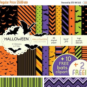 80% Until New Year - Halloween digital paper: violet, orange, yellow and green halloween background with 10 bats .PNG for autumn scrapbook ·