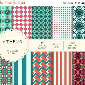 80% Until New Year - Athens digital papers city - orange mint green polka dots lace spa - 10jpg 12x12&quot; 300dpi - scrapbook paper, scrapbookin