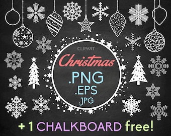 Może przedstawiać: Czarne tło tablicy z białymi świątecznymi grafikami, w tym śnieżynkami, ozdobami i choinkami. Tekst "CLIPART Christmas .PNG .EPS .JPG + 1 CHALKBOARD free!" jest napisany na tablicy białym kolorem.