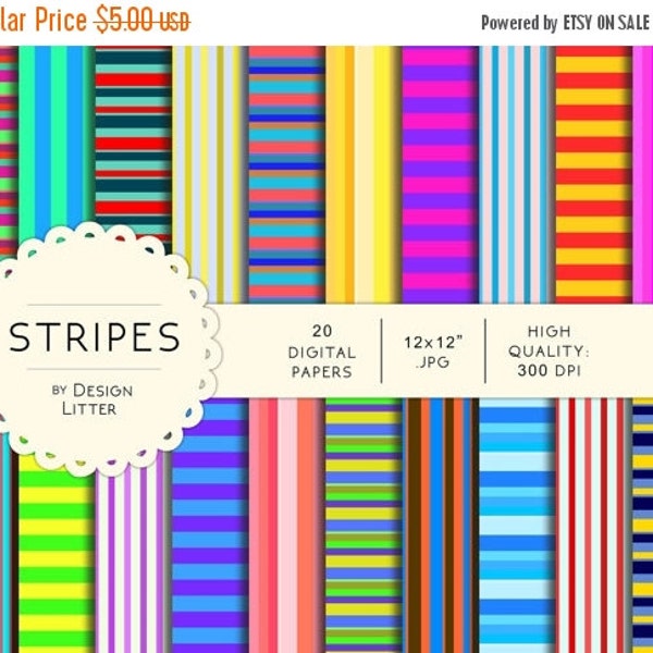 80% Until New Year - Stripes and lines colorful digital papers · multicolor stripes colors backgrounds for scrapbooking · Instant download