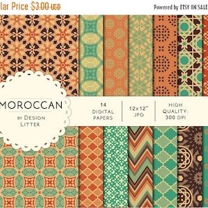 80% fino al nuovo anno - carta digitale marocchino: menta ocra arancio e teal mosaico sfondo & chevrons arabesco scrapbook carta · 12 x 12" 300D
