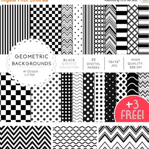 80% Until New Year - 50 Percent OFF SALE · Black and white digital paper /3 FREE/ polka dots, chevrons scrapbook paper, checkered background