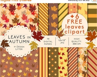 80% Until New Year - Autumn digital paper: leaves for fall scrapbook paper and autumn background with leaves and strips for cards, invites ·