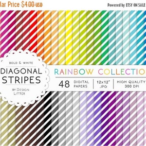 May include: A collection of 48 digital papers with bold, white diagonal stripes in a rainbow color palette. Each paper is 12x12 inches and high quality at 300 DPI. The design is labeled "Diagonal Stripes" and part of the "Rainbow Collection."