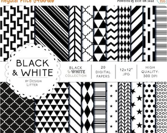 80% Until New Year - Black & white digital papers · black and white geometric backgrounds polka dots chevrons stars triangles for scrapbooki