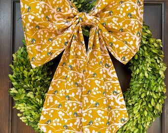 Large Mustard Yellow Bird and Floral Fabric Wreath Bow