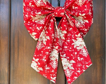 Large Red Floral Fabric Wreath Bow
