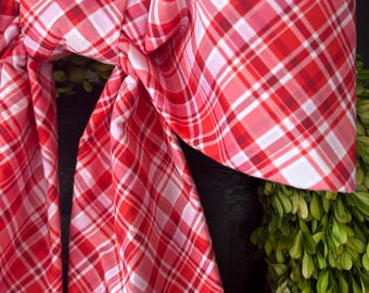 Large Pink & Red Plaid Fabric Bow