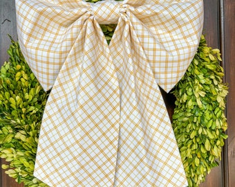 Large Yellow & White Plaid Fabric Wreath Bow