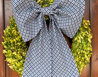 Medium Blue Monochromatic Plaid Wreath Fabric Bow