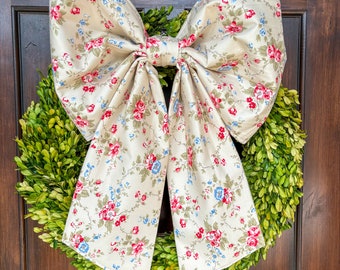 Large Tan Floral Wreath Fabric Bow