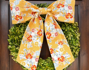 Large Yellow Floral Fabric Wreath Bow