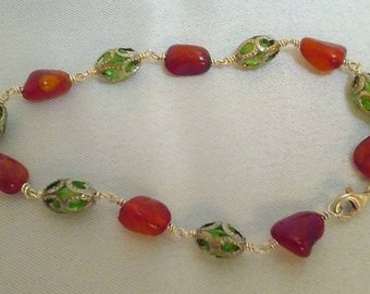 Amber and Green Glass Sterling Silver Bracelet