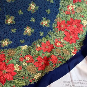 Large Quilted Poinsettias on Blue Christmas Tree Skirt
