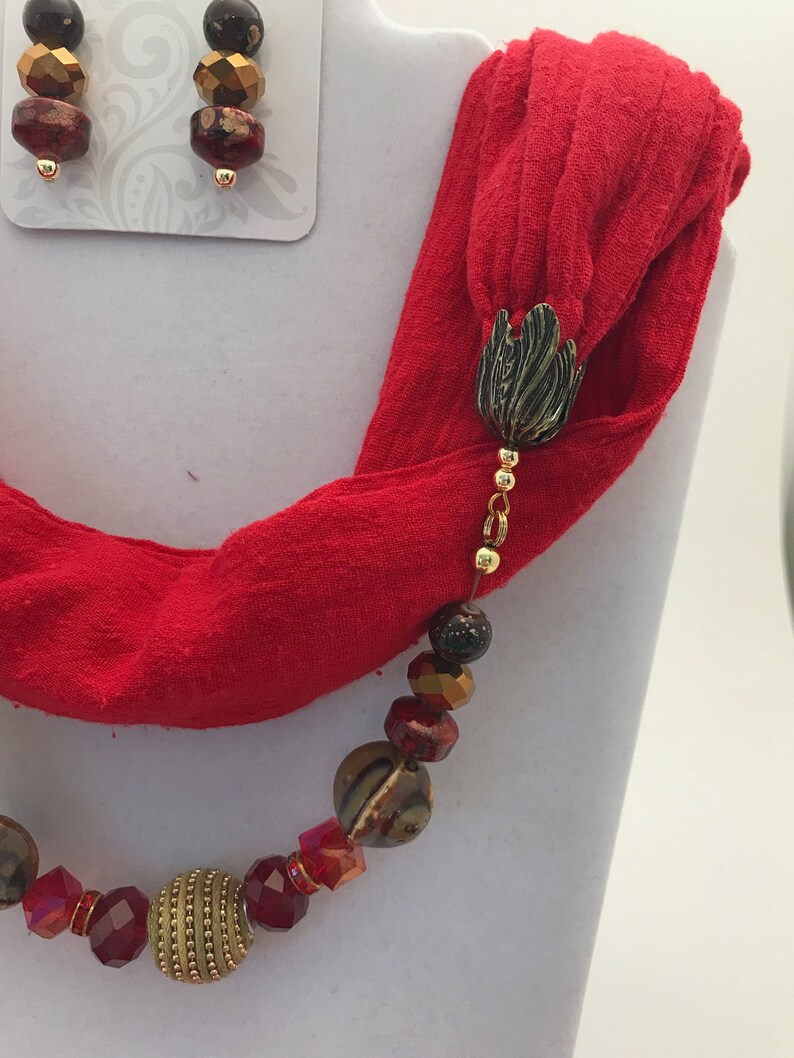 3 Red Beaded Infinity Scarf Necklace and Earrings Sets
