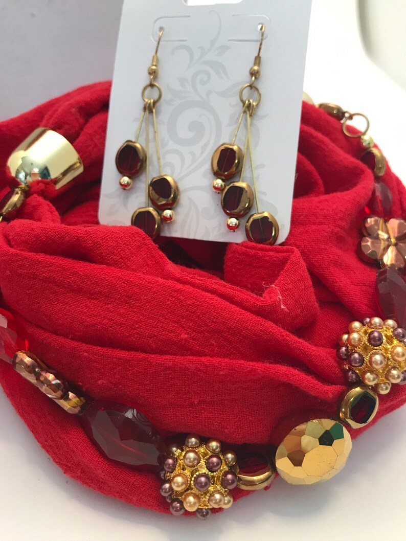 3 Red Beaded Infinity Scarf Necklace and Earrings Sets