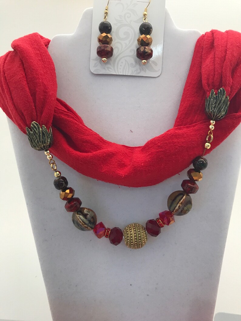 3 Red Beaded Infinity Scarf Necklace and Earrings Sets