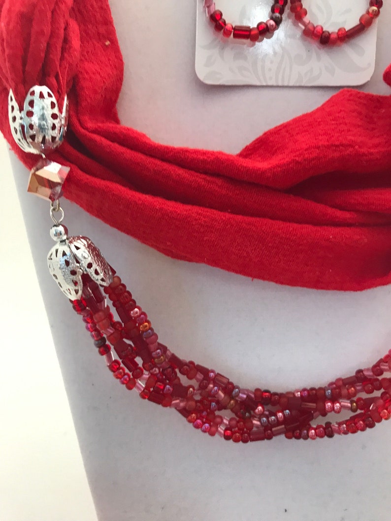 3 Red Beaded Infinity Scarf Necklace and Earrings Sets