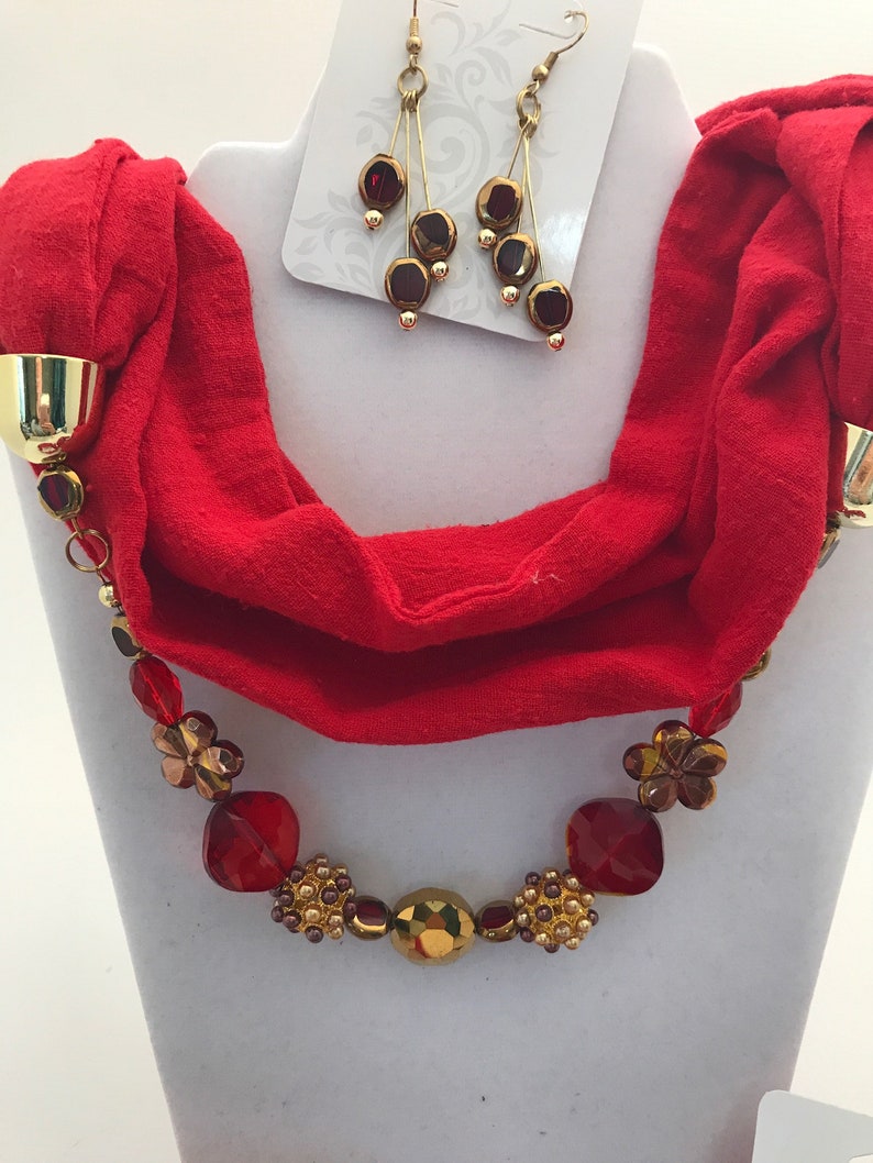 3 Red Beaded Infinity Scarf Necklace and Earrings Sets