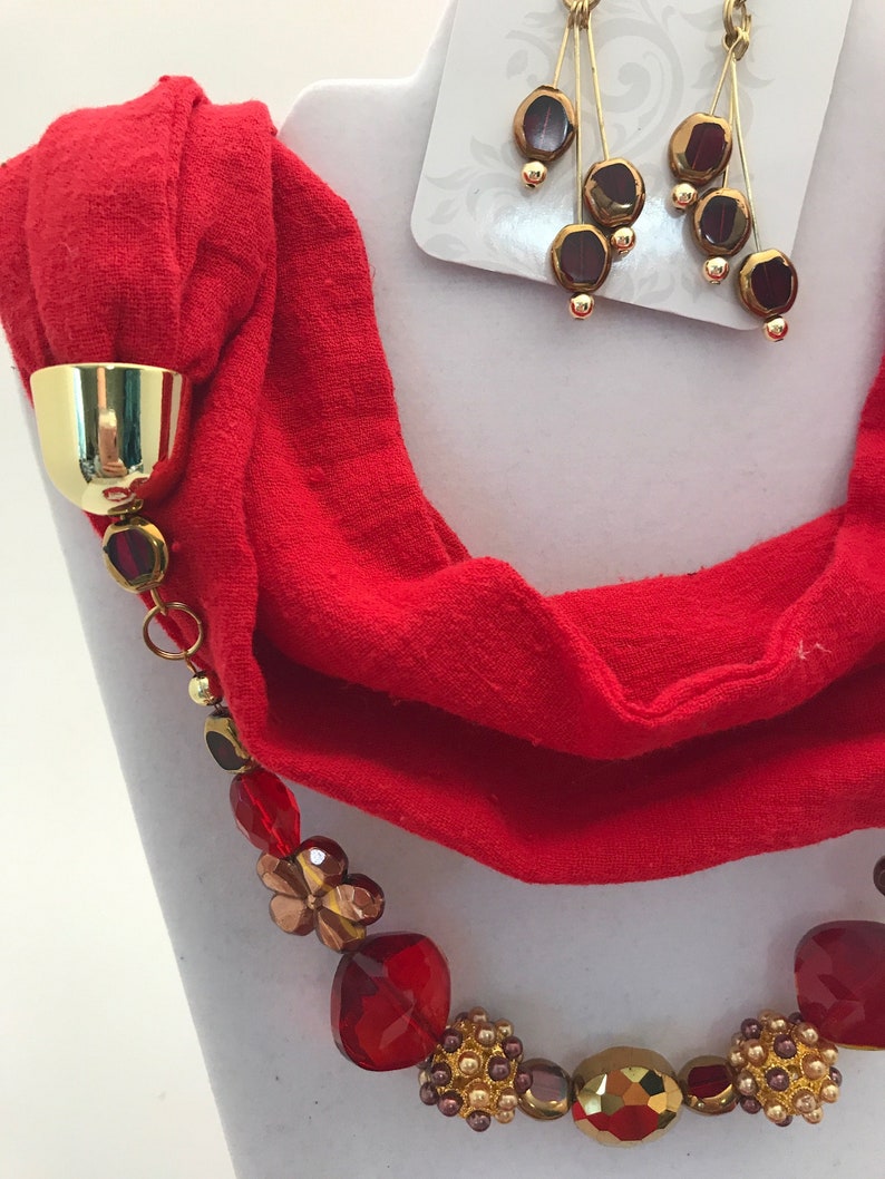 3 Red Beaded Infinity Scarf Necklace and Earrings Sets