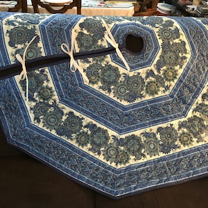 Victorian Quilted Blue Floral Christmas tree skirt