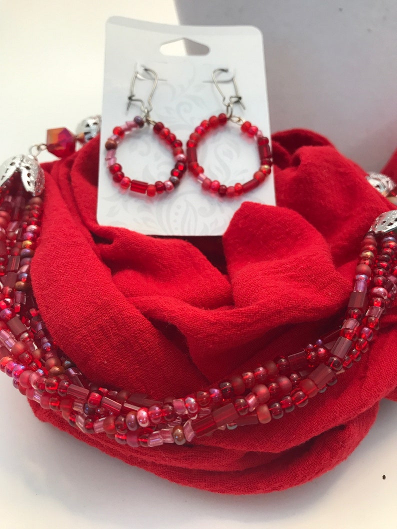 3 Red Beaded Infinity Scarf Necklace and Earrings Sets