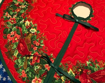 Vintage Red Cardinal Quilted Christmas Tree Skirt - 2 matching stockings available
