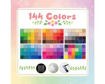 May include: A set of 144 colorful beads in small plastic containers. The beads are arranged in rows of 12 colors, with each row representing a different shade. The beads are perfect for crafting and jewelry making.