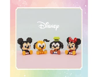 May include: Four small bead figures of Disney characters: Mickey Mouse, Minnie Mouse, Pluto, and Goofy. The figures are all in a sitting position and are made of colourful beads. The background is a light blue with the word "DISNEY" in white.