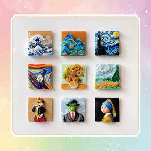 May include: Nine small framed canvases featuring pixel art recreations of famous paintings, including The Great Wave off Kanagawa, Starry Night, The Scream, and Girl with a Pearl Earring.